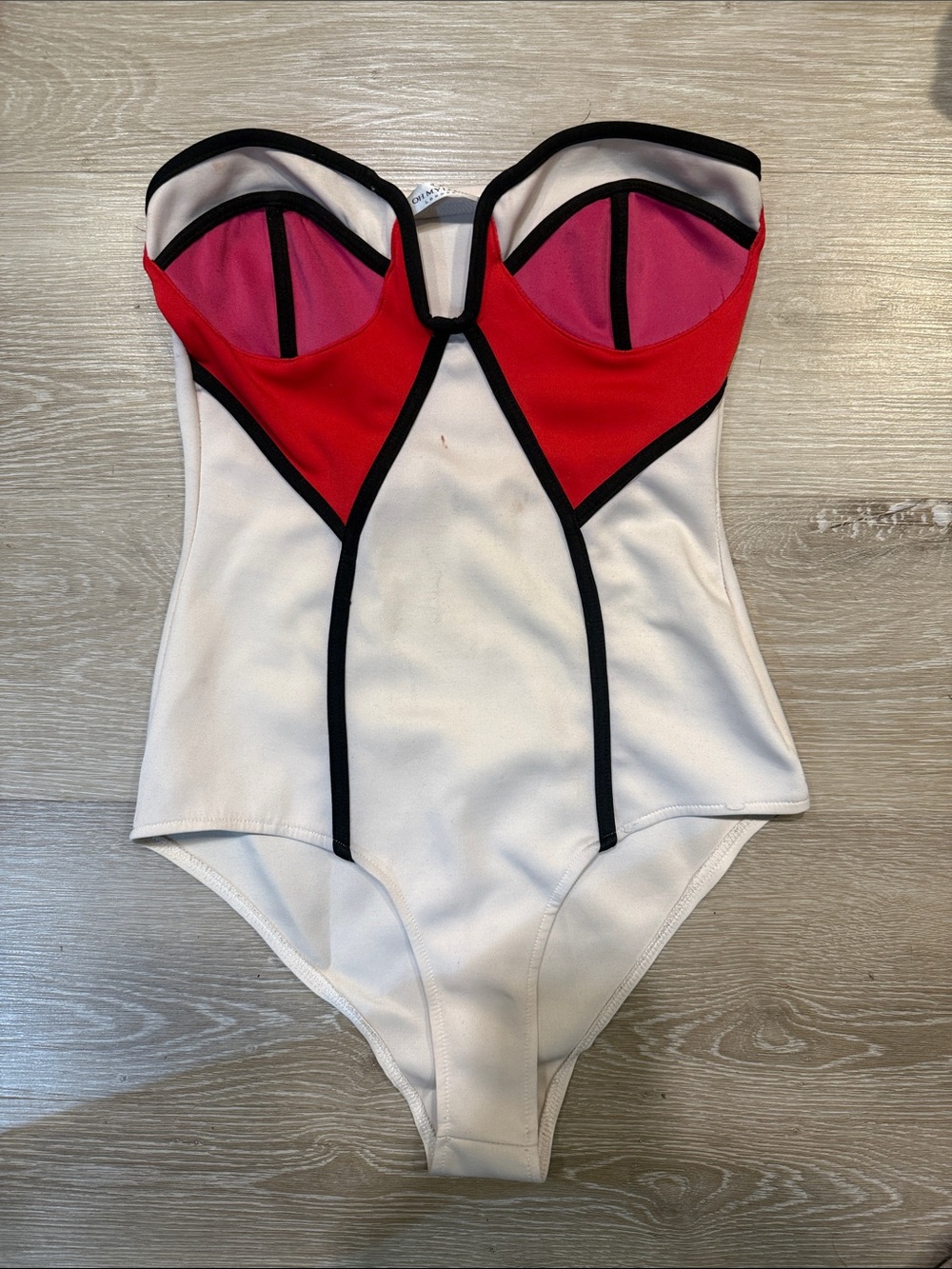 ASOS White One-Piece Swimsuit with Red & Pink Bust Panels and Black Trim